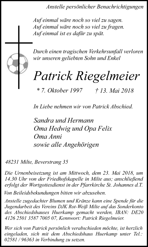  Traueranzeige für Patrick Riegelmeier vom 17.05.2018 aus Die Glocke