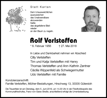 Traueranzeige von Rolf Verlsteffen von Die Glocke