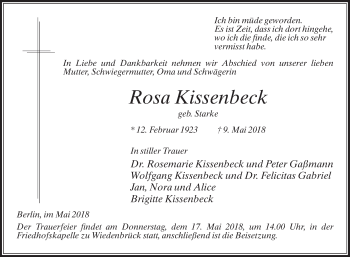 Traueranzeige von Rosa Kissenbeck von Die Glocke