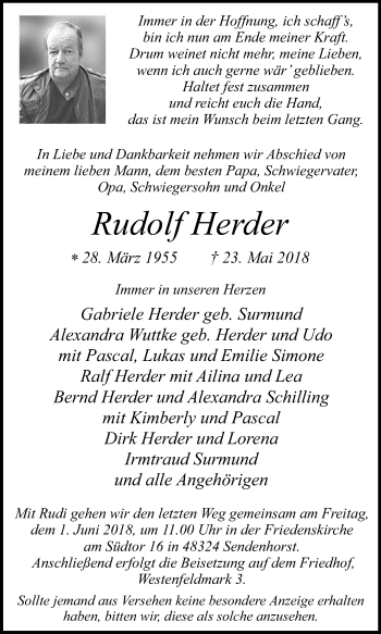 Traueranzeige von Rudolf Herder von Die Glocke