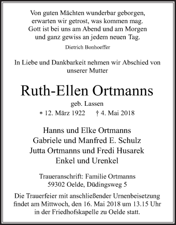 Traueranzeige von Ruth-Ellen Ortmanns von Die Glocke