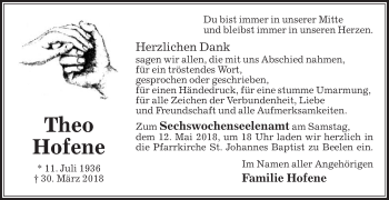 Traueranzeige von Theo Hofene von Die Glocke