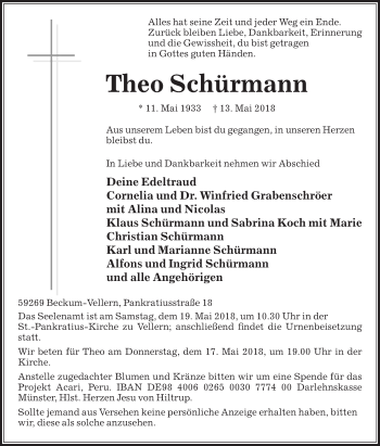 Traueranzeige von Theo Schürmann von Die Glocke