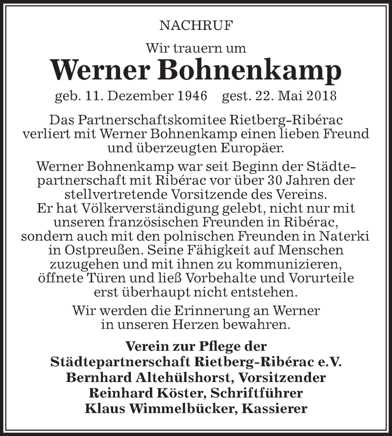  Traueranzeige für Werner Bohnenkamp vom 25.05.2018 aus Die Glocke