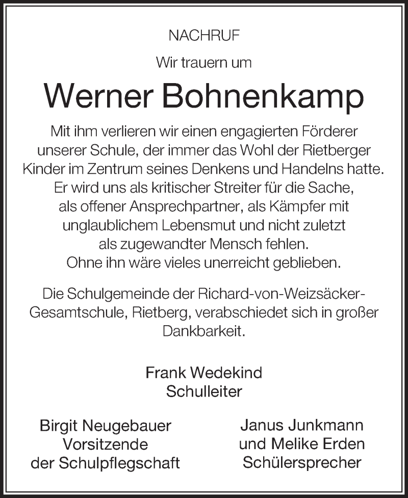  Traueranzeige für Werner Bohnenkamp vom 29.05.2018 aus Die Glocke