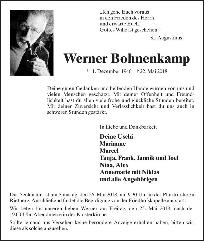  Traueranzeige für Werner Bohnenkamp vom 24.05.2018 aus Die Glocke