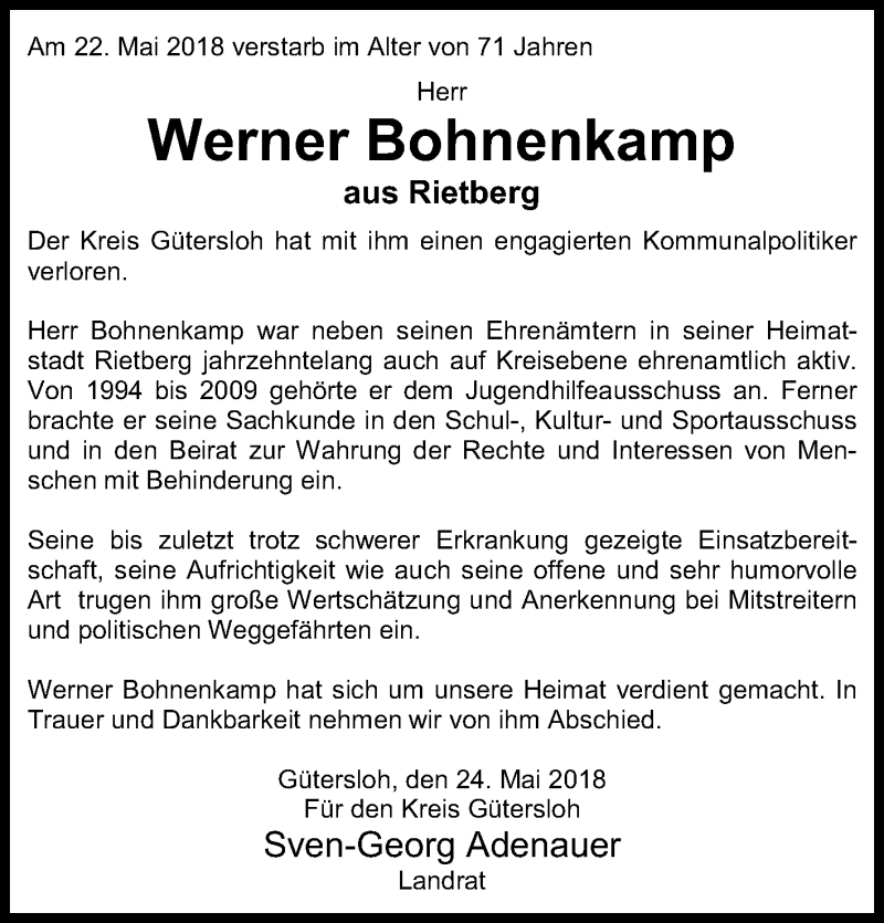  Traueranzeige für Werner Bohnenkamp vom 26.05.2018 aus Die Glocke