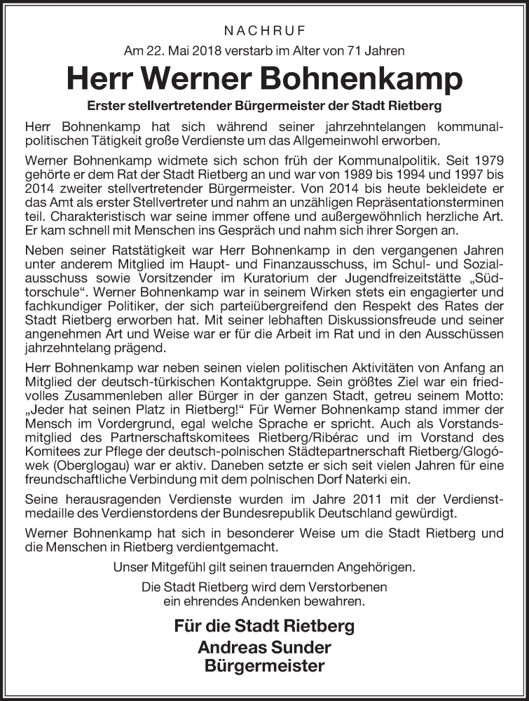  Traueranzeige für Werner Bohnenkamp vom 25.05.2018 aus Die Glocke