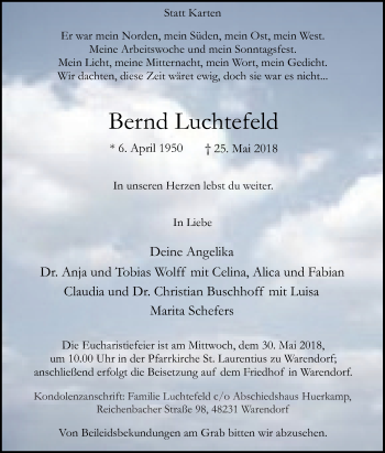 Traueranzeige von Bernd Luchtefeld von  Die Glocke