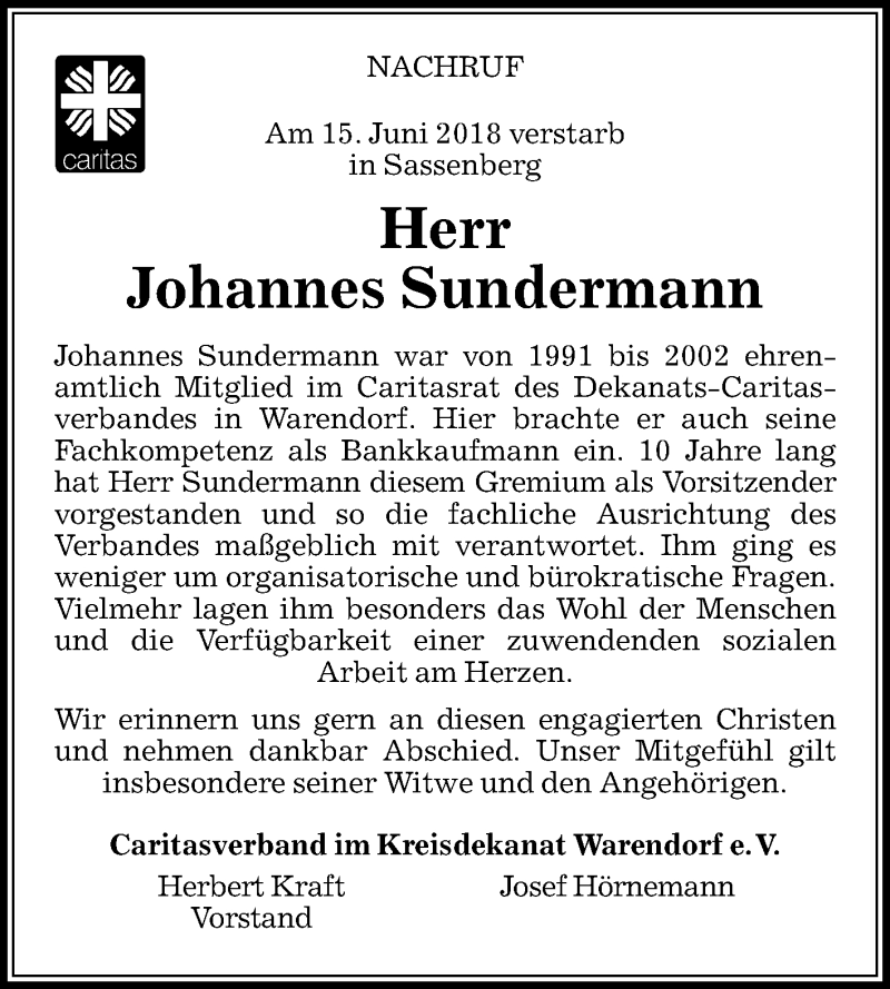  Traueranzeige für Johannes Sundermann vom 21.06.2018 aus Die Glocke