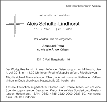 Traueranzeige von Alois Schulte-Lindhorst von Die Glocke
