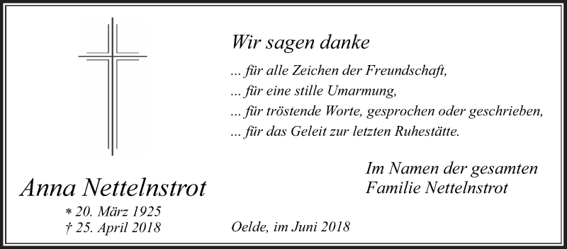  Traueranzeige für Anna Nettelnstrot vom 09.06.2018 aus Die Glocke