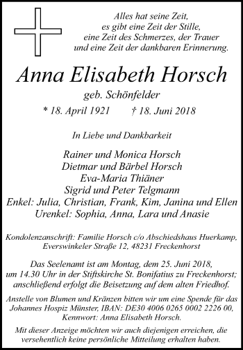 Traueranzeige von Anna Elisabeth Horsch von Die Glocke