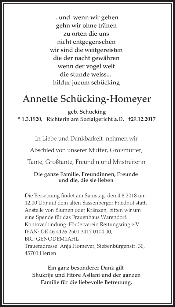  Traueranzeige für Annette Schücking-Homeyer vom 09.06.2018 aus Die Glocke