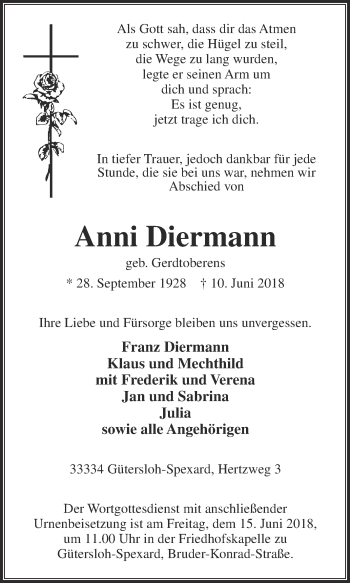Traueranzeige von Anni Diermann von Die Glocke