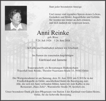 Traueranzeige von Anni Reinke von Die Glocke