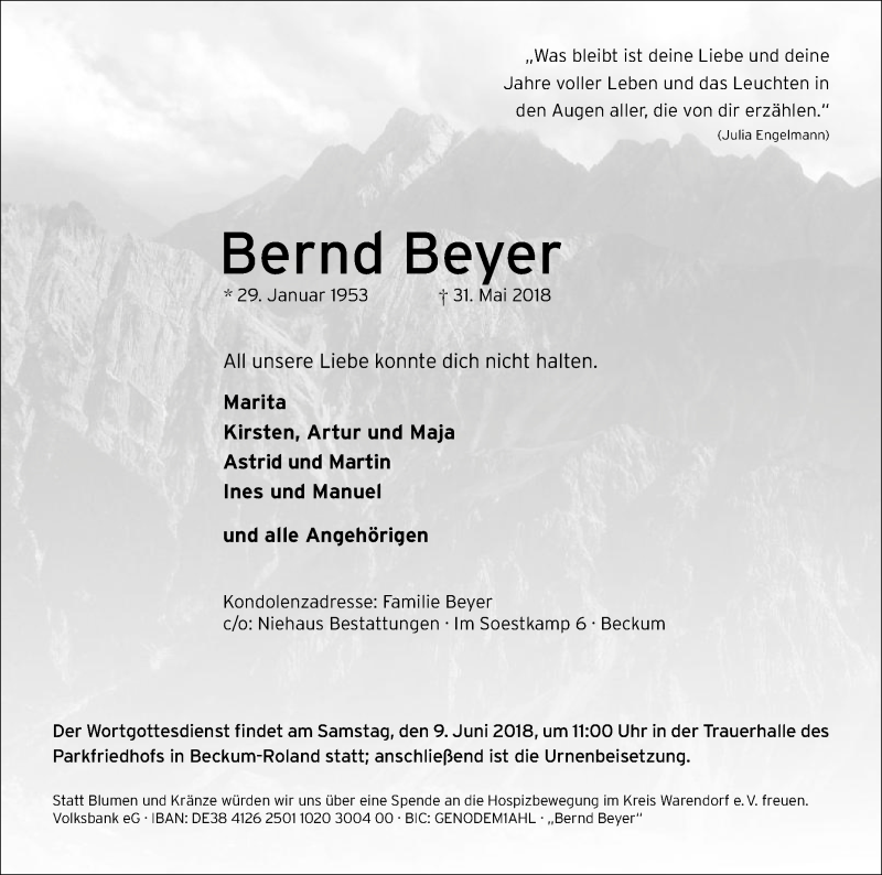  Traueranzeige für Bernd Beyer vom 06.06.2018 aus Die Glocke