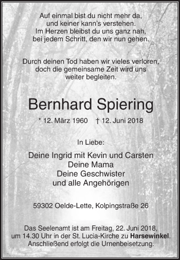 Traueranzeige von Bernhard Spiering von Die Glocke