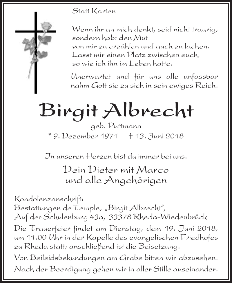  Traueranzeige für Birgit Albrecht vom 16.06.2018 aus Die Glocke