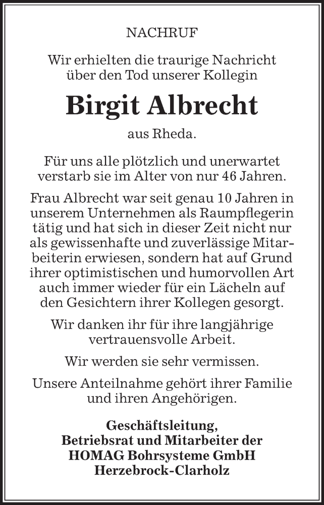  Traueranzeige für Birgit Albrecht vom 20.06.2018 aus Die Glocke
