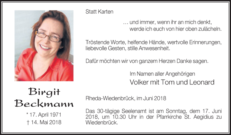  Traueranzeige für Birgit Beckmann vom 15.06.2018 aus Die Glocke