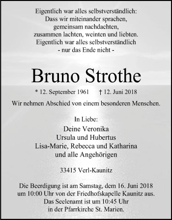 Traueranzeige von Bruno Strothe von Die Glocke