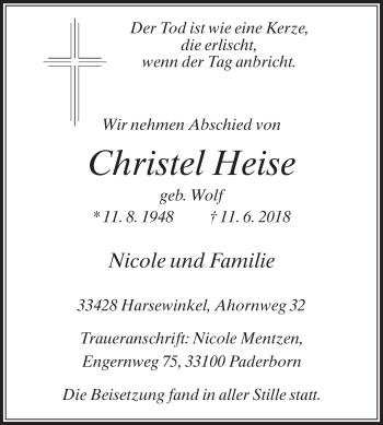 Traueranzeige von Christel Heise von Die Glocke