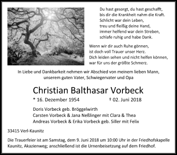 Traueranzeige von Christian Balthasar Vorbeck von Die Glocke