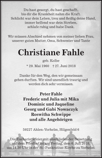 Traueranzeige von Christiane Fahle von Die Glocke