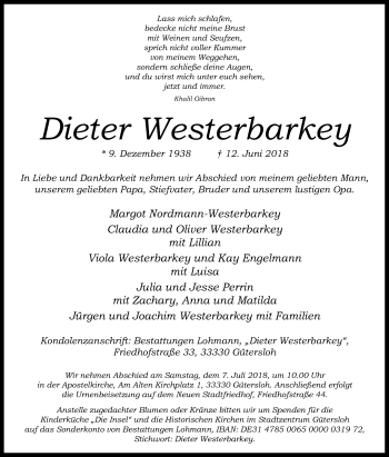 Traueranzeige von Dieter Westerbarkey von Die Glocke