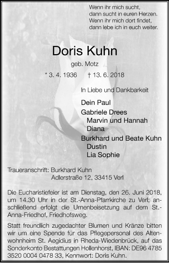 Traueranzeige von Doris Kuhn von Die Glocke