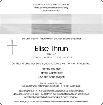 Traueranzeige von Elise Thrun von Die Glocke