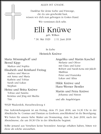 Traueranzeige von Elli Knüwe von Die Glocke