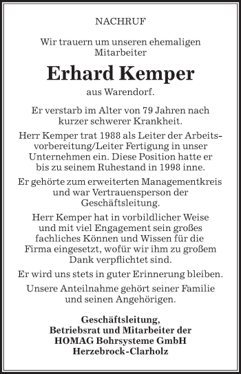 Traueranzeige von Erhard Kemper von Die Glocke