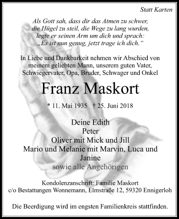 Traueranzeige von Franz Maskort von Die Glocke
