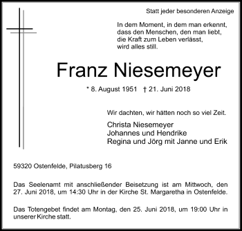 Traueranzeige von Franz Niesemeyer von Die Glocke