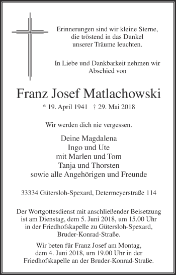 Traueranzeige von Franz Josef Matlachowski von Die Glocke