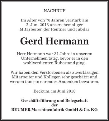 Traueranzeige von Gerd Hermann von Die Glocke