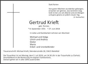 Traueranzeige von Gertrud Krieft von Die Glocke