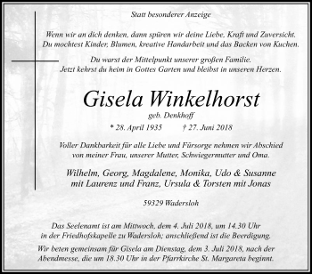 Traueranzeige von Gisela Winkelhorst von Die Glocke