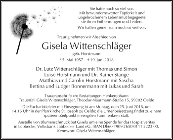 Traueranzeige von Gisela Wittenschläger von Die Glocke