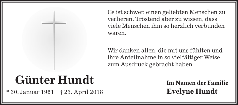  Traueranzeige für Günter Hundt vom 02.06.2018 aus Die Glocke
