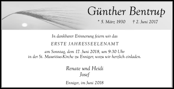 Traueranzeige von Günther Bentrup von Die Glocke