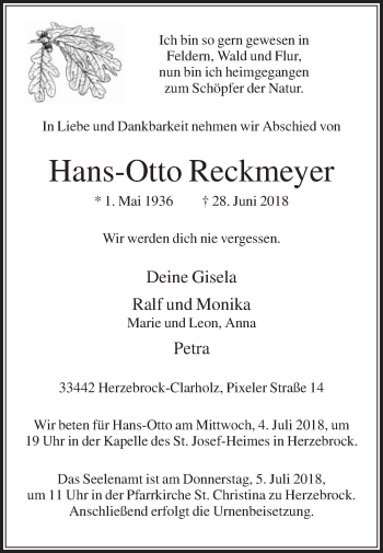 Traueranzeige von Hans-Otto Reckmeyer von Die Glocke