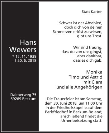 Traueranzeige von Hans Wewers von Die Glocke