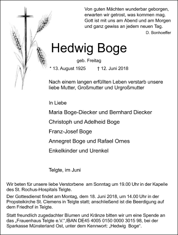 Traueranzeige von Hedwig Boge von Die Glocke