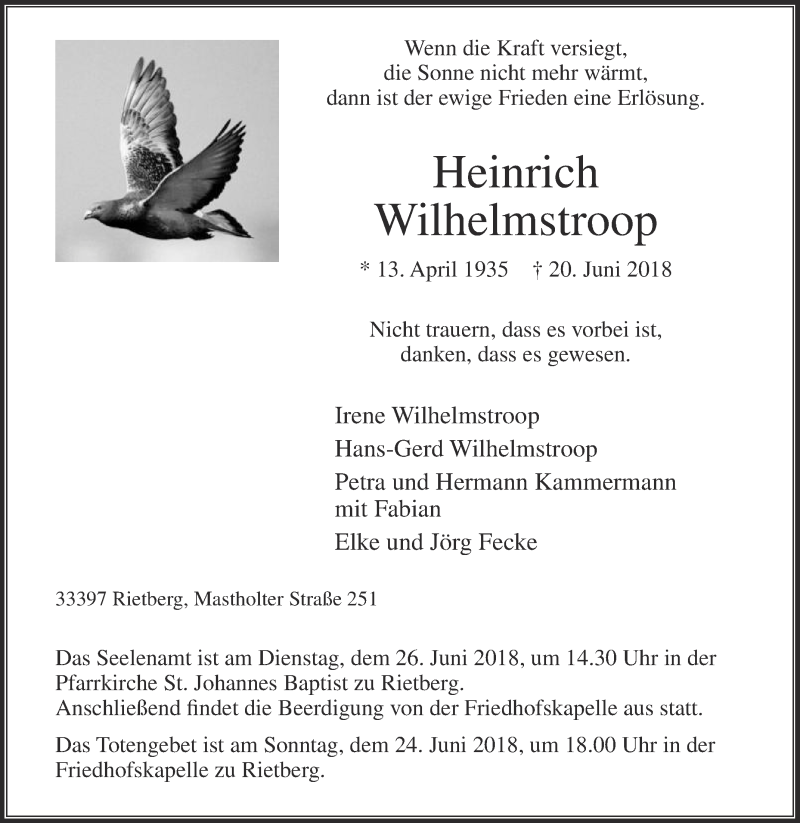  Traueranzeige für Heinrich Wilhelmstroop vom 22.06.2018 aus Die Glocke