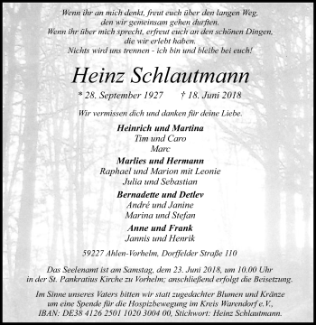 Traueranzeige von Heinz Schlautmann von Die Glocke