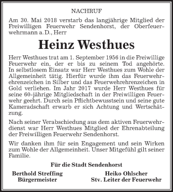 Traueranzeige von Heinz Westhues von Die Glocke