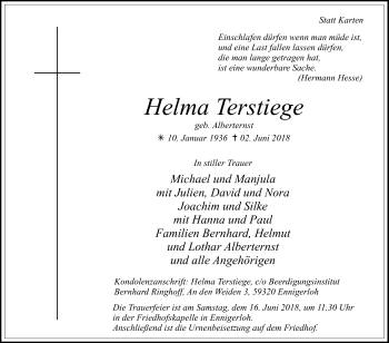 Traueranzeige von Helma Terstiege von Die Glocke